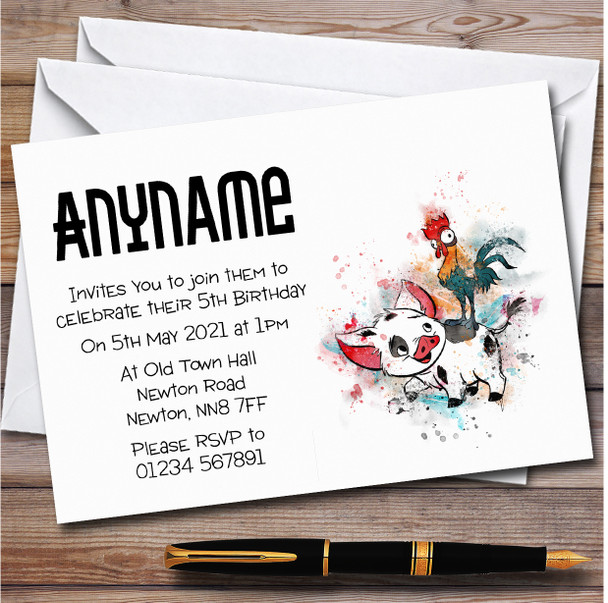 Heihei And Pua Moana Splatter Personalised Children's Birthday Party Invitations