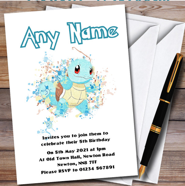 Squirtle Pokémon Splatter Art Personalised Children's Birthday Party Invitations