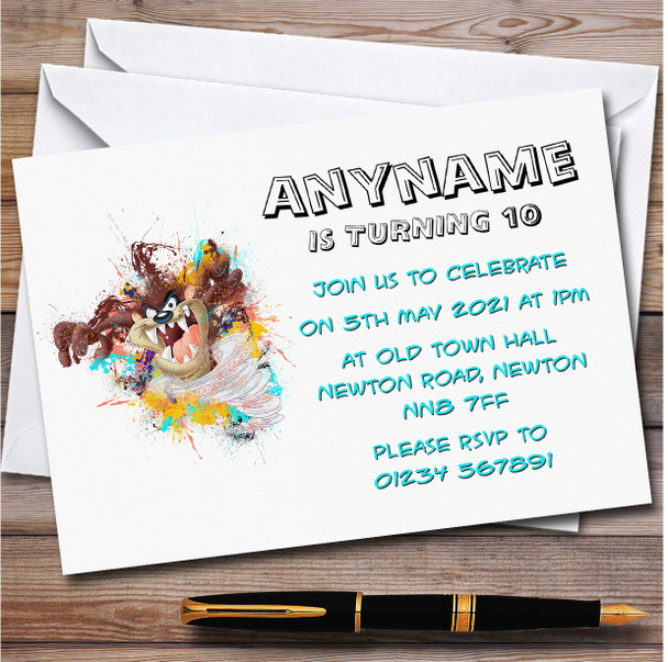 Tasmanian Devil Splatter Personalised Children's Kids Birthday Party Invitations