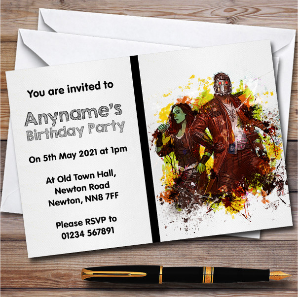 Star-Lord And Gamora Watercolour Splatter Children's Birthday Party Invitations