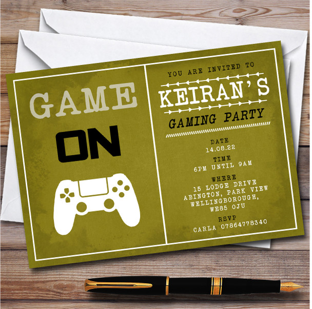Game On Vintage Gaming Green Personalised Children's Birthday Party Invitations