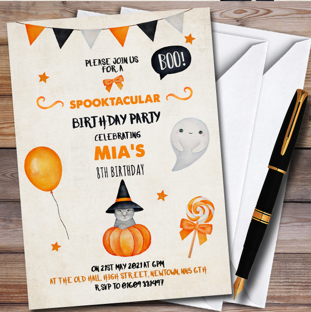 Cat Ghost Pumpkins Halloween Personalised Children's Birthday Party Invitations