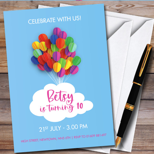Colourful Balloons And Cloud Personalised Children's Birthday Party Invitations