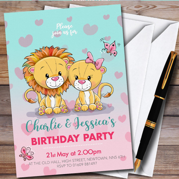 Lovely Lions Boy Girl Twins Personalised Children's Birthday Party Invitations