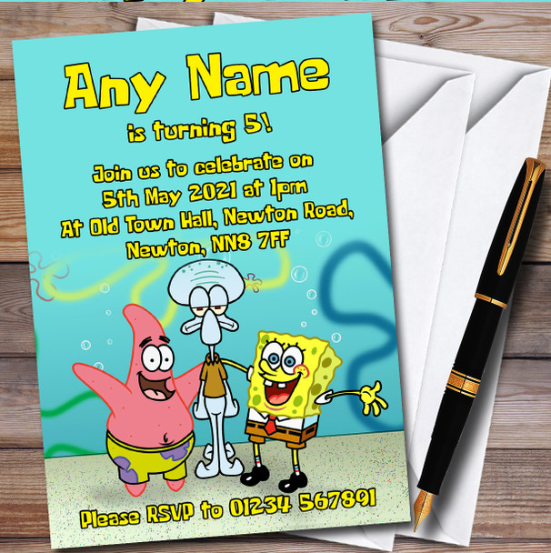 Green Spongebob SquarePants Personalised Children's Birthday Party Invitations