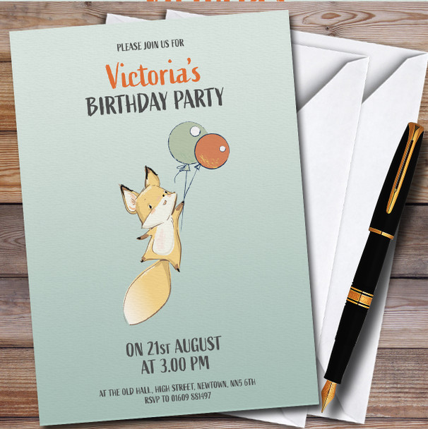 Cute Fox With Balloons Personalised Children's Kids Birthday Party Invitations
