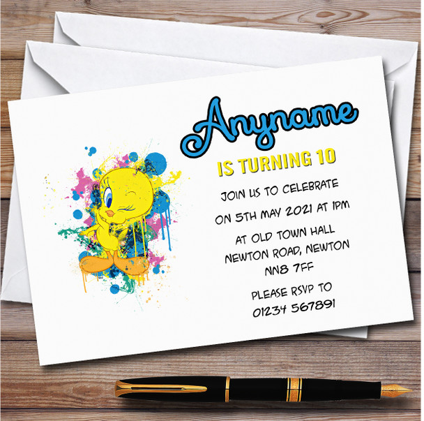 Tweety Bright Splatter Personalised Children's Kids Birthday Party Invitations