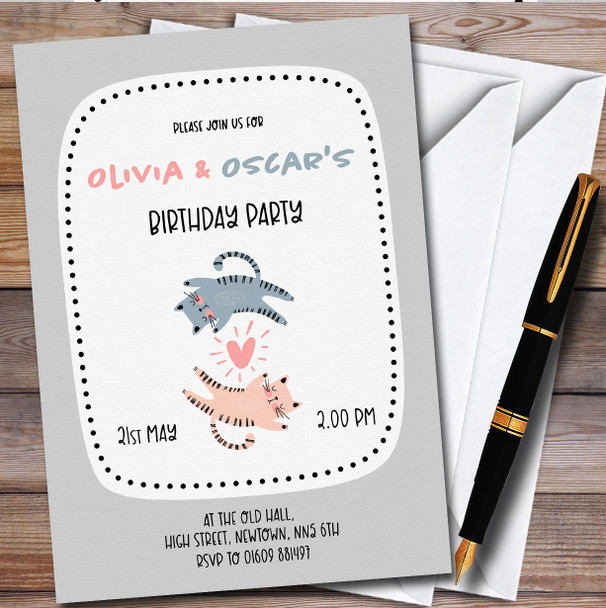 Modern Cats Boy Girl Twins Personalised Children's Birthday Party Invitations