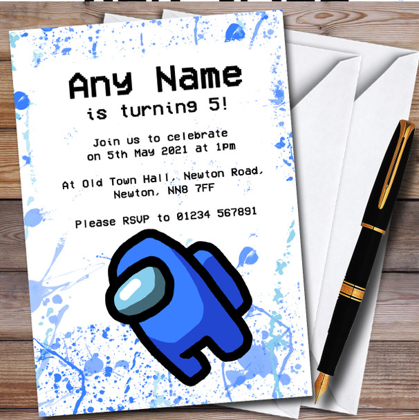 Among Us Blue Splatter Art Personalised Children's Birthday Party Invitations