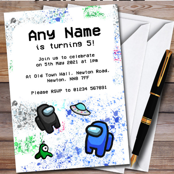 Among Us Black Blue & Pet Splatter Art Children's Birthday Party Invitations