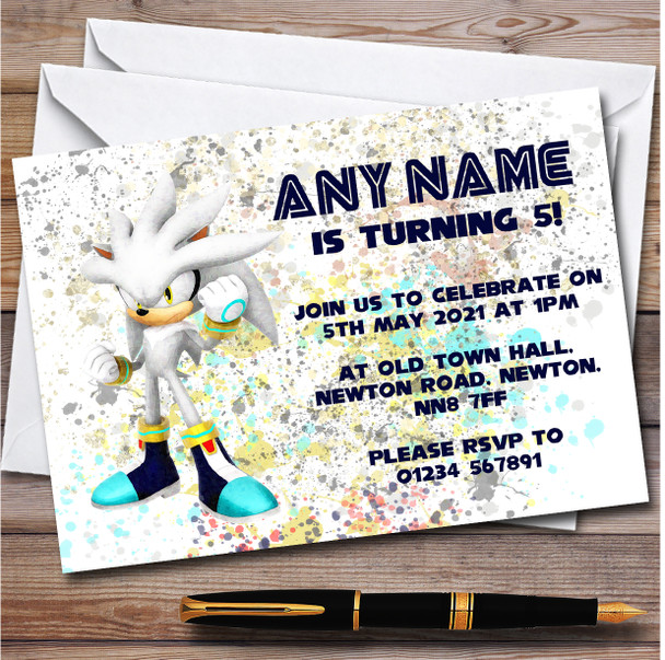 Silver Sonic The Hedgehog Splatter Art Children's Birthday Party Invitations