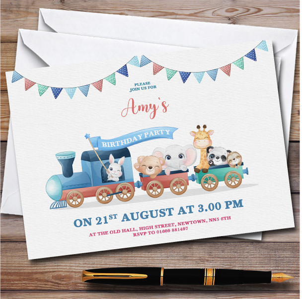 Jungle Animals Blue Train Personalised Children's Birthday Party Invitations