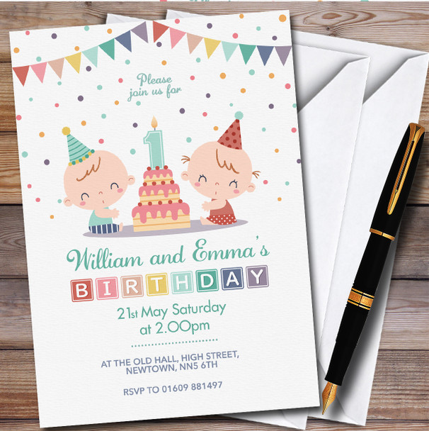Boy Girl Twin Babies Personalised Children's Kids Birthday Party Invitations
