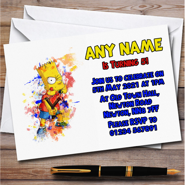 Bart Simpson Watercolour Splatter The Simpsons Children's Party Invitations