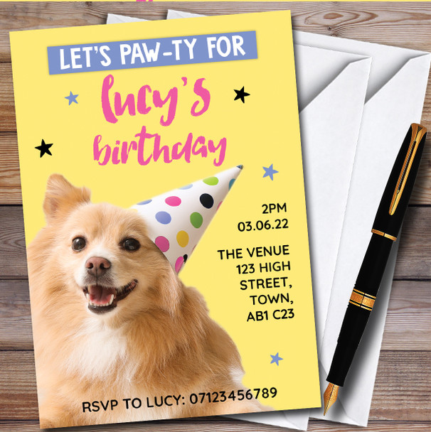 Dog Cute Hat Yellow Personalised Children's Kids Birthday Party Invitations