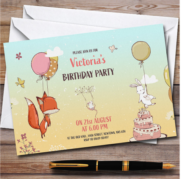 Baby Fox And Rabbit Personalised Children's Kids Birthday Party Invitations