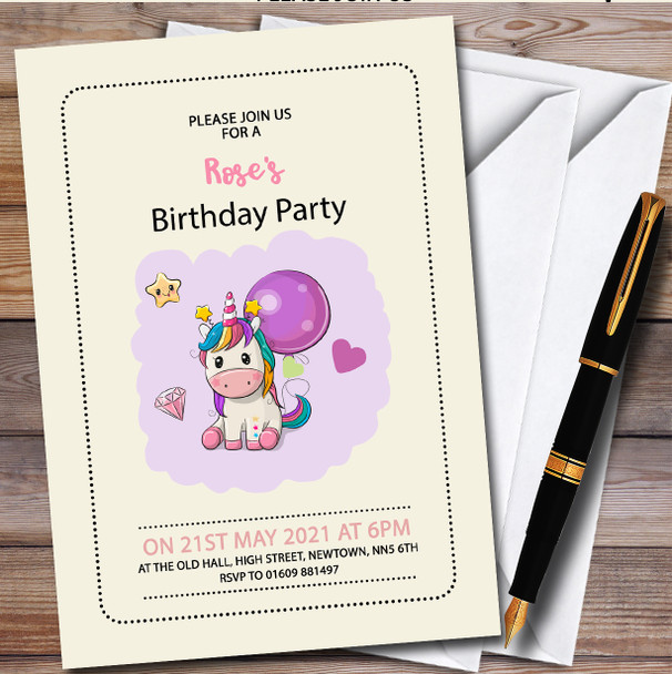 Pale Yellow Unicorn Personalised Children's Kids Birthday Party Invitations