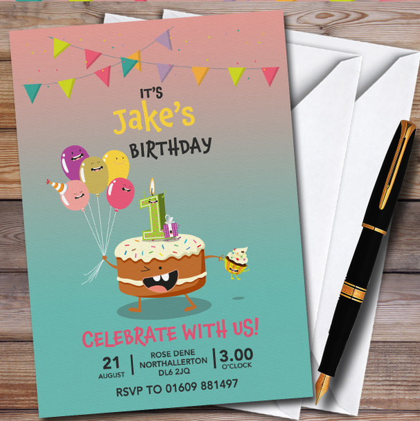 Cake & Balloons 1St Personalised Children's Kids Birthday Party Invitations