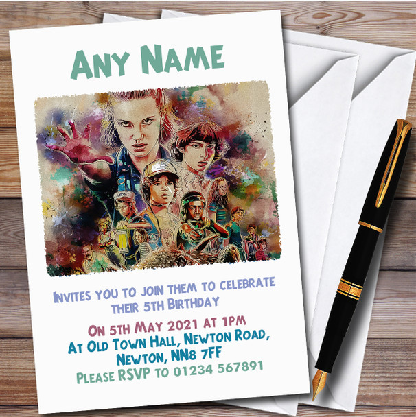 Stranger Things Watercolour Splatter Children's Birthday Party Invitations