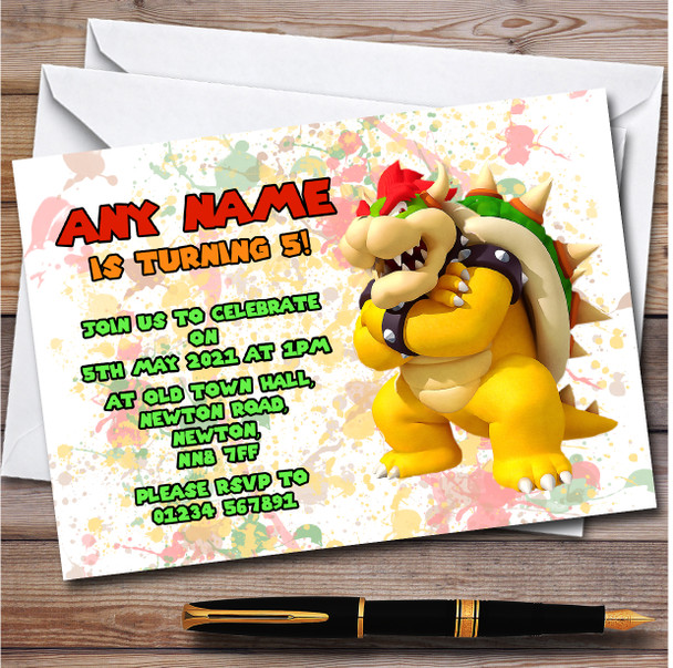 Bowser Super Mario Bros Splatter Art Children's Birthday Party Invitations