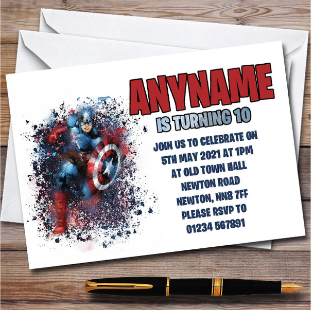 Captain America Watercolour Splatter Children's Birthday Party Invitations