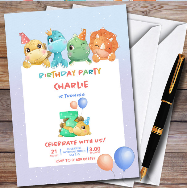 Cute Dinosaurs 3Rd Personalised Children's Kids Birthday Party Invitations