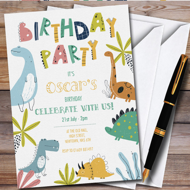Watercolour Dinosaurs Jungle Leaves Children's Birthday Party Invitations