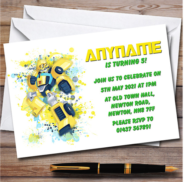 Rescue Bots Bumble Bee Splatter Art Children's Birthday Party Invitations