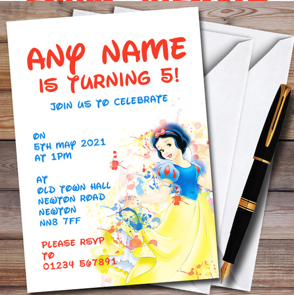 Snow White Name Disney Splatter Art Children's Birthday Party Invitations