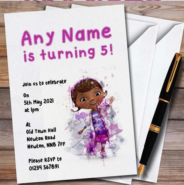 Watercolour Splatter Doc Mcstuffins Children's Birthday Party Invitations