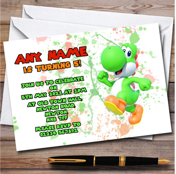 Yoshi Super Mario Bros Splatter Art Children's Birthday Party Invitations