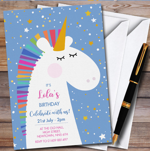 Unicorn And Stars Personalised Children's Kids Birthday Party Invitations