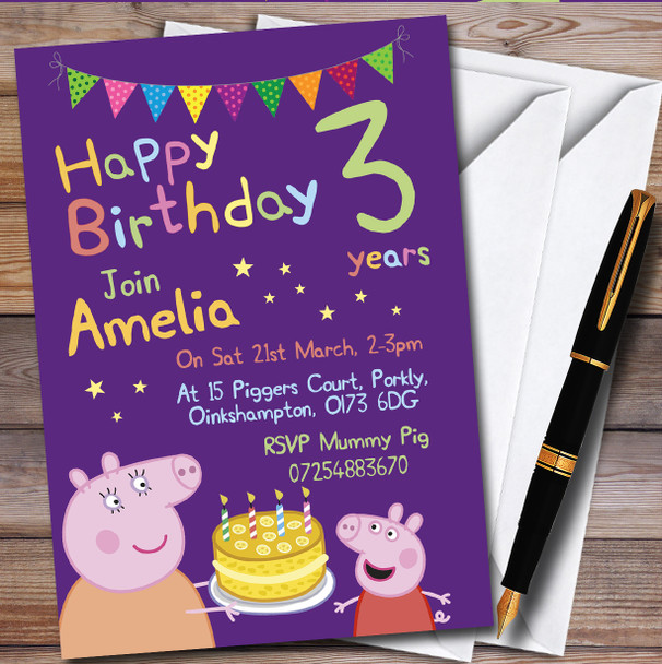 Peppa Pig Birthday Purple Portrait Children's Birthday Party Invitations
