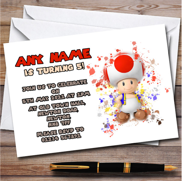 Toad Super Mario Bros Splatter Art Children's Birthday Party Invitations