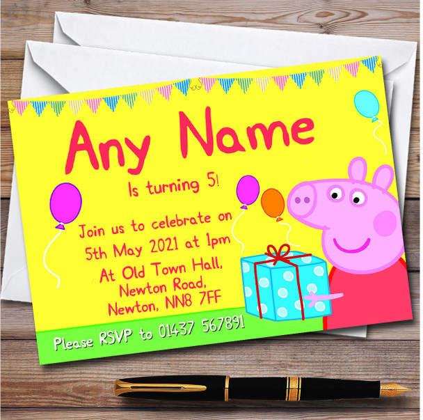 Peppa Pig Yellow Personalised Children's Kids Birthday Party Invitations