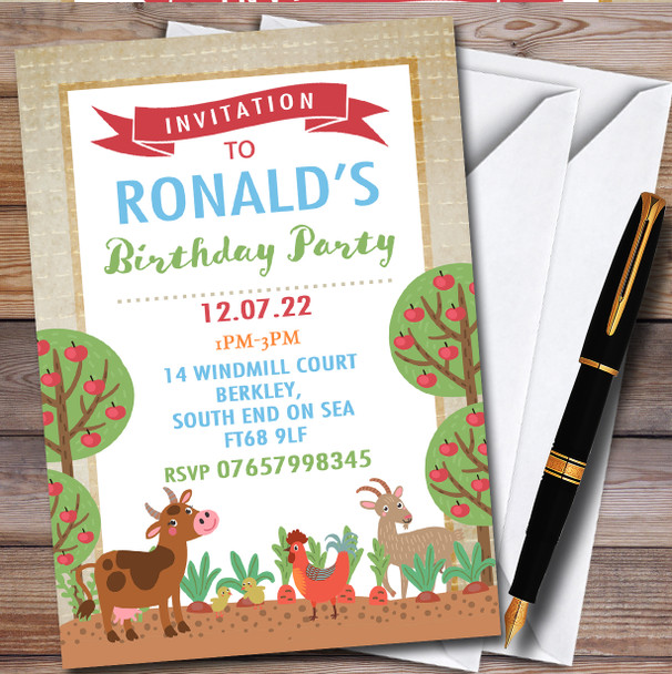 On The Farm Animals & Apple Trees Children's Birthday Party Invitations