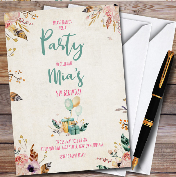 Watercolour Floral Feather Border Children's Birthday Party Invitations