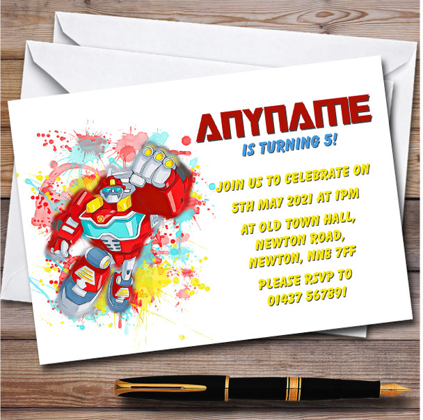 Rescue Bots Heatwave Splatter Art Children's Birthday Party Invitations