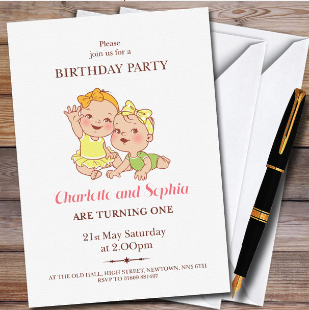 Light Skin Two Girls Twin Babies Children's Birthday Party Invitations