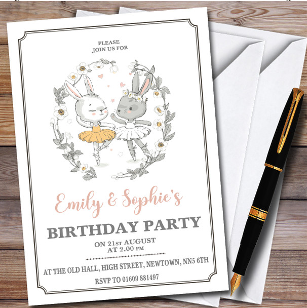 Ballerina Rabbits Two Girl Twins Children's Birthday Party Invitations