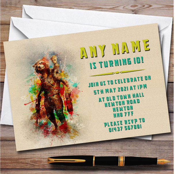 Rocket Raccoon And Groot Vintage Children's Birthday Party Invitations