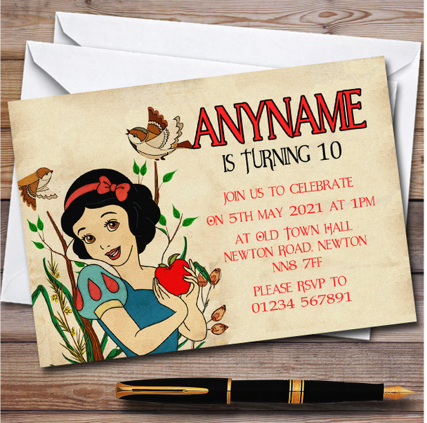 Snow White Retro Birds And Apple Children's Birthday Party Invitations