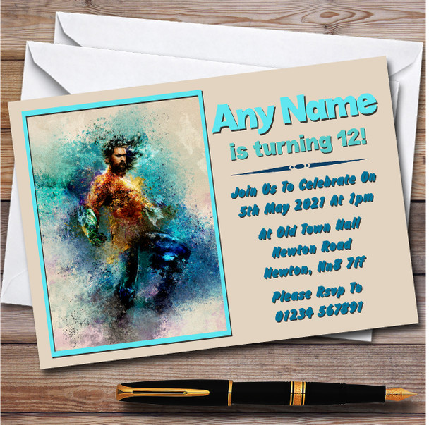 Aquaman Watercolour Smudge Card Children's Birthday Party Invitations