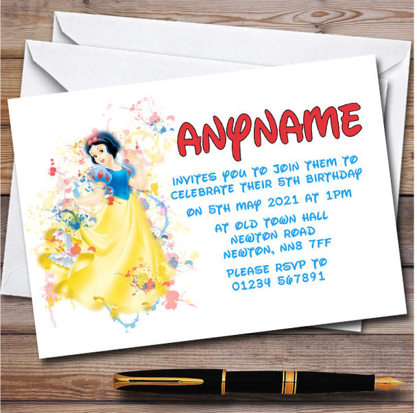 Snow White Disney Splatter Art Children's Birthday Party Invitations