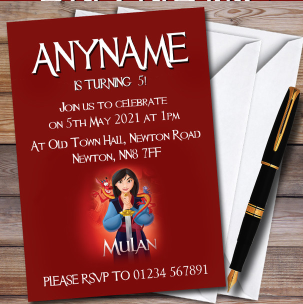 Disney Mulan Personalised Children's Kids Birthday Party Invitations