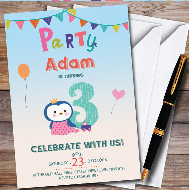 Penguin 3Rd Personalised Children's Kids Birthday Party Invitations
