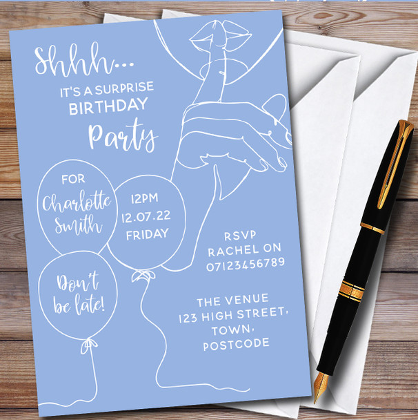Shhh It's A Surprise Line Art Light Blue Personalised Birthday Party Invitations