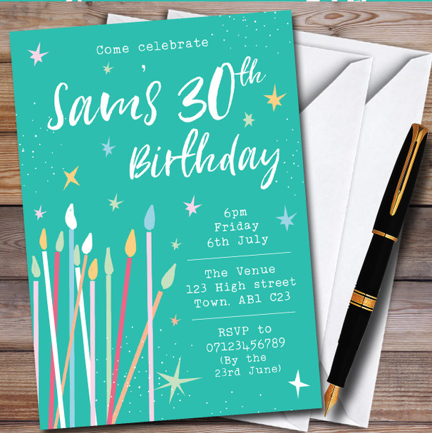 Candles And Stars Celebrate Bright Green Personalised Birthday Party Invitations