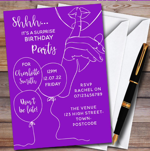 Shhh It's A Surprise Line Art Purple Personalised Birthday Party Invitations