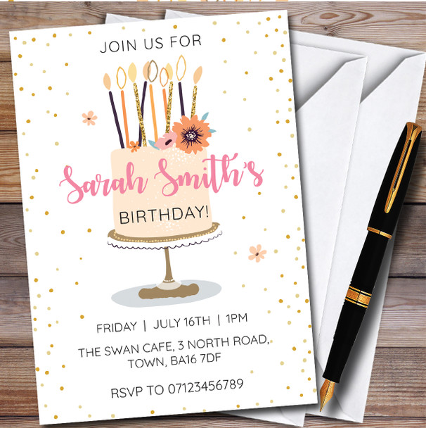 Peach Cake With Candles And Confetti Personalised Birthday Party Invitations